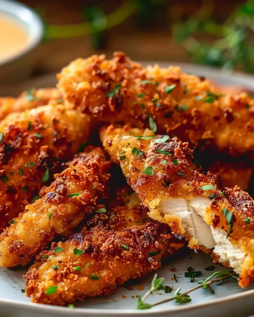 Crispy air fryer chicken tenders served with dipping sauce