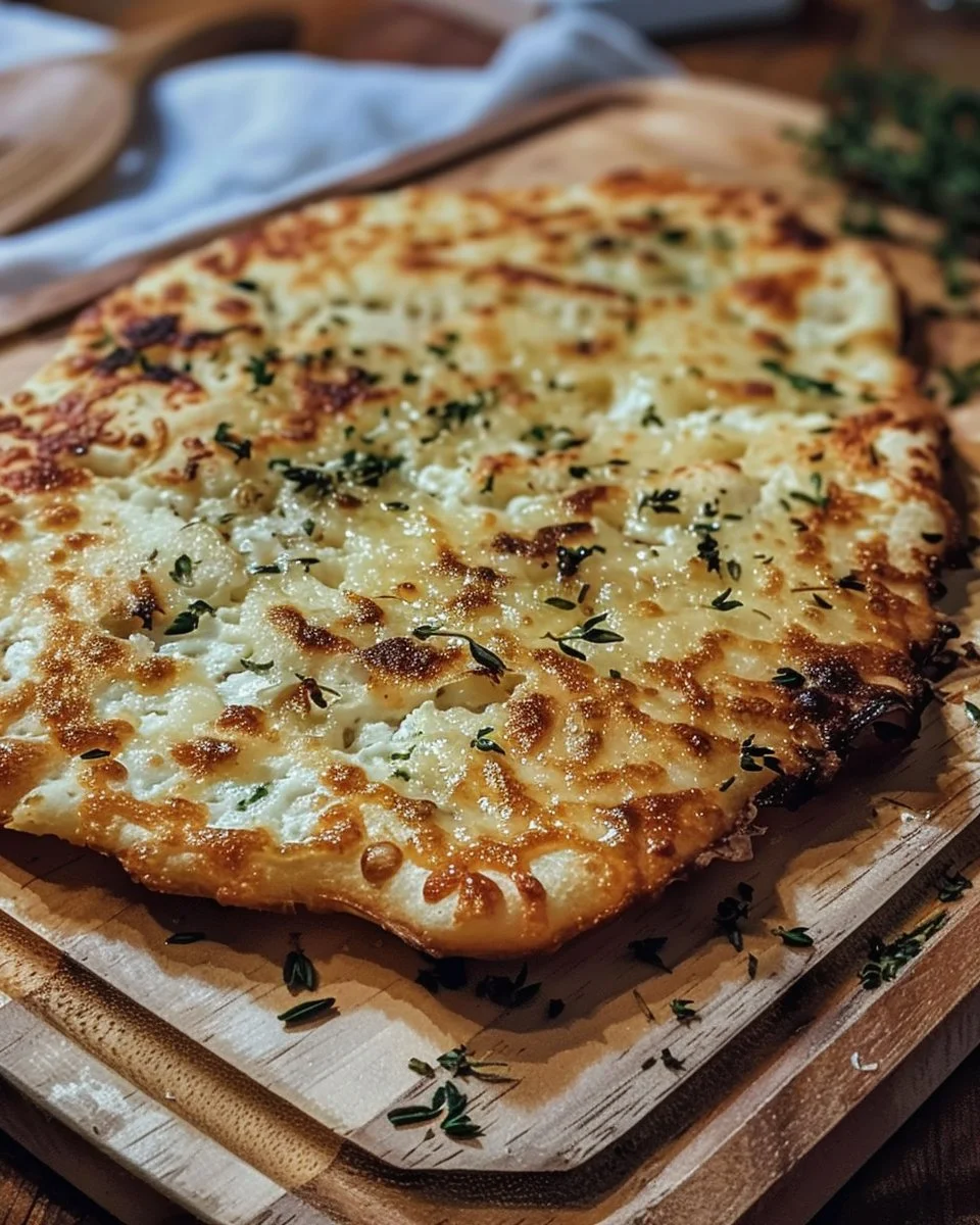 Crispy Cottage Cheese Flatbread 1 Crispy Cottage Cheese Flatbread served on a rustic wooden board