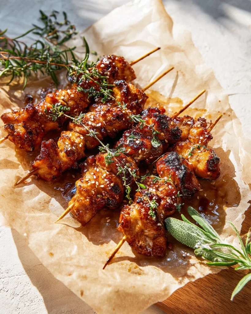 Crispy honey-garlic chicken skewers served on a platter