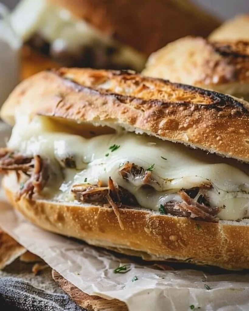 Crockpot French dip sandwiches served with dipping sauce