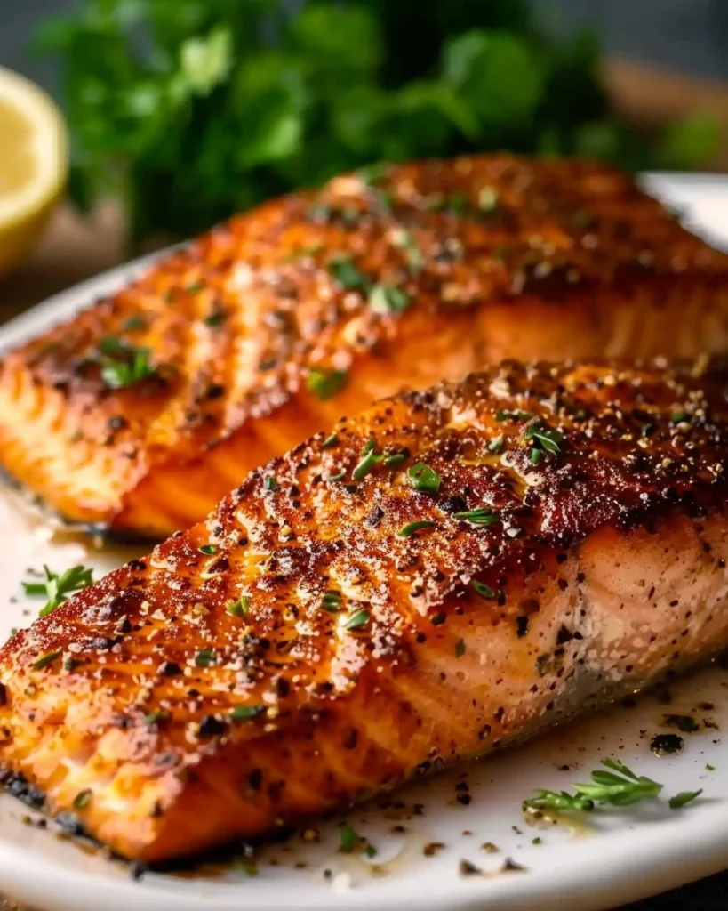 A delicious plate of air fryer salmon garnished with herbs and lemon slices.