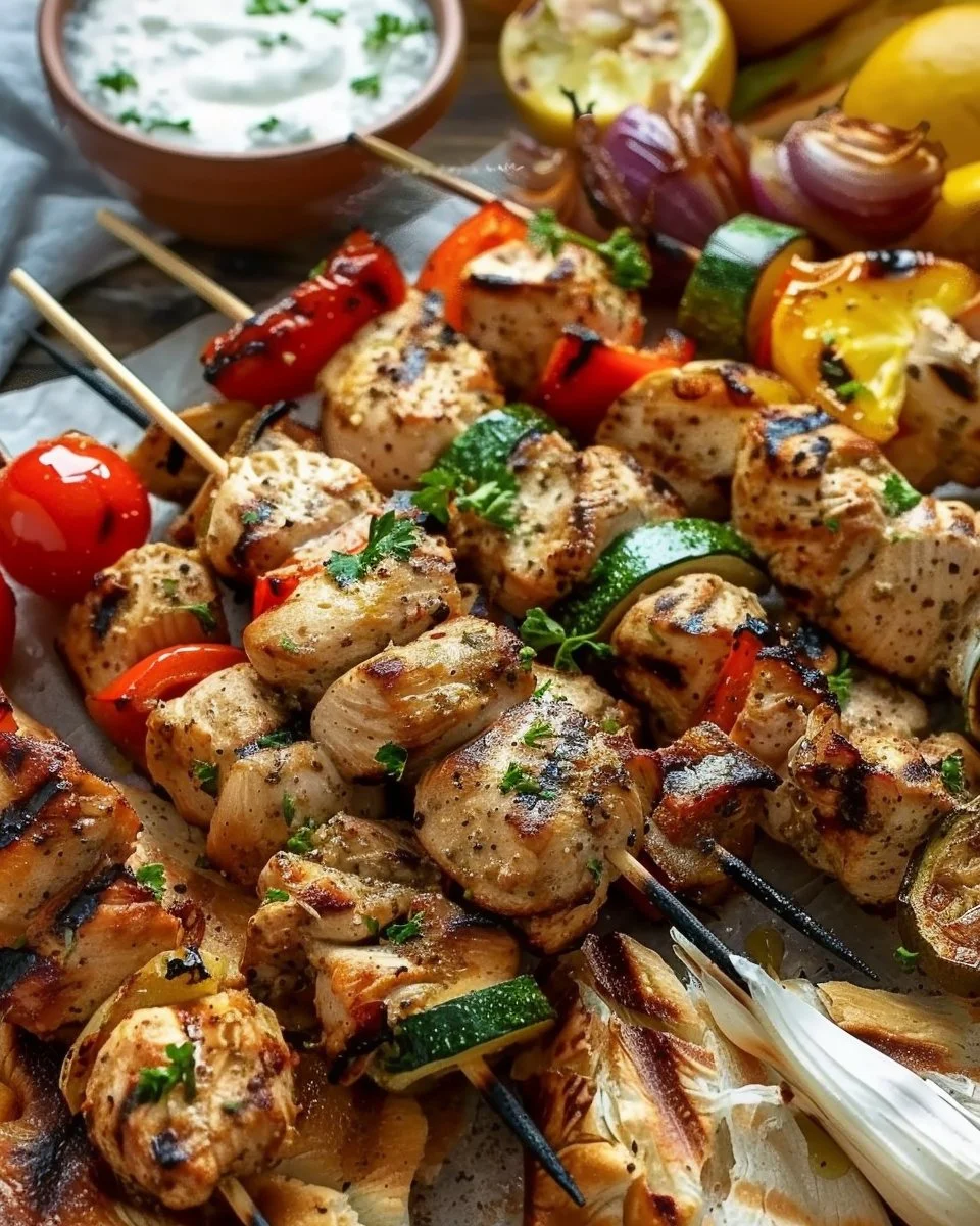 Delicious chicken souvlaki skewers with grilled vegetables on a rustic platter.