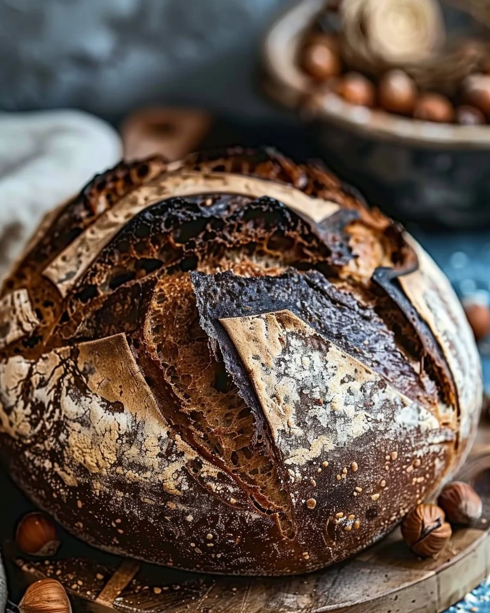 Loaf of chocolate hazelnut sourdough bread with nuts on a wooden table
