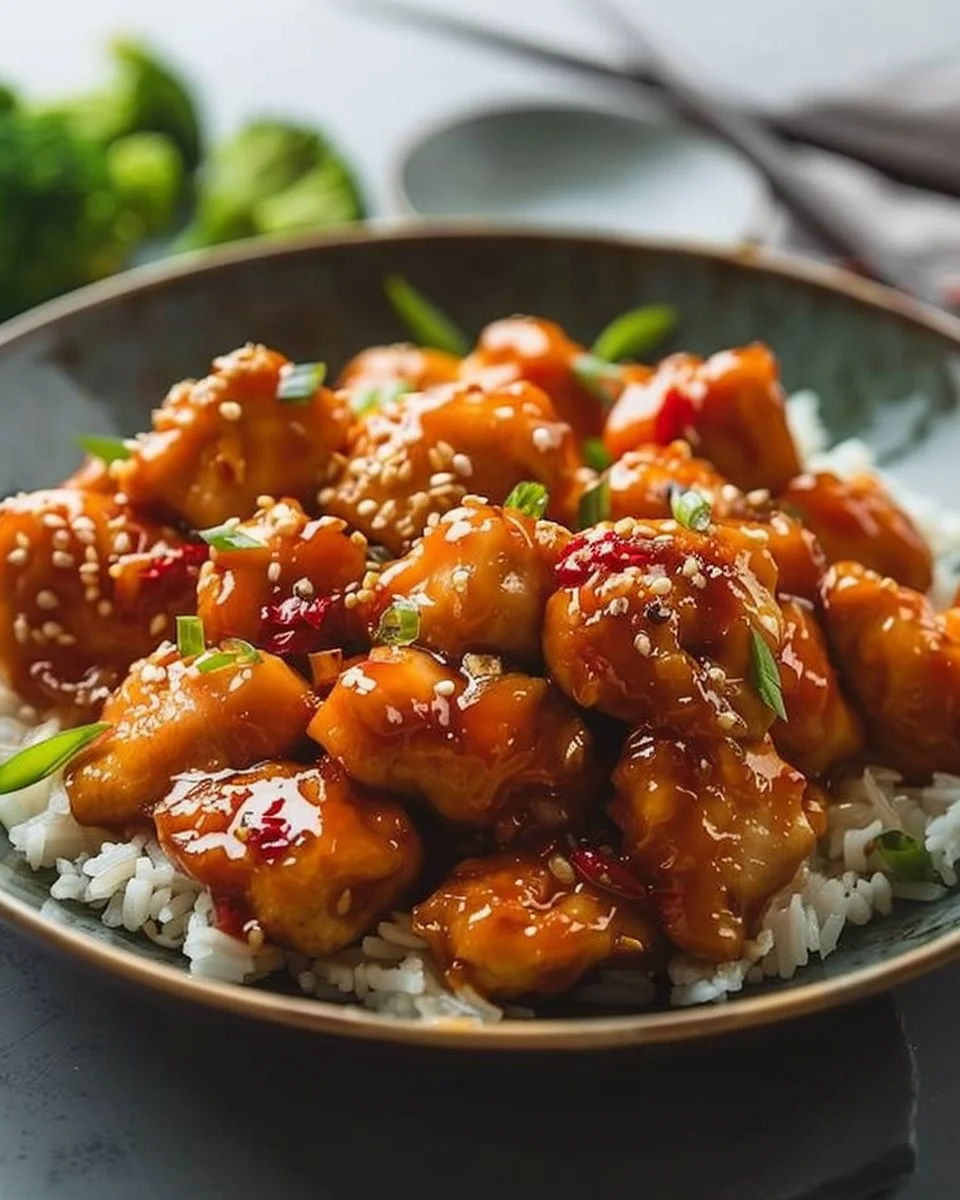 Easy Hot Orange Chicken 1 A dish of easy hot orange chicken garnished with sesame seeds and green onions