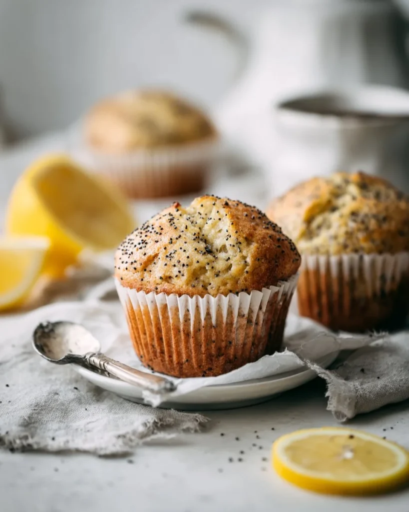 Freshly baked easy lemon poppyseed muffins on a kitchen counter