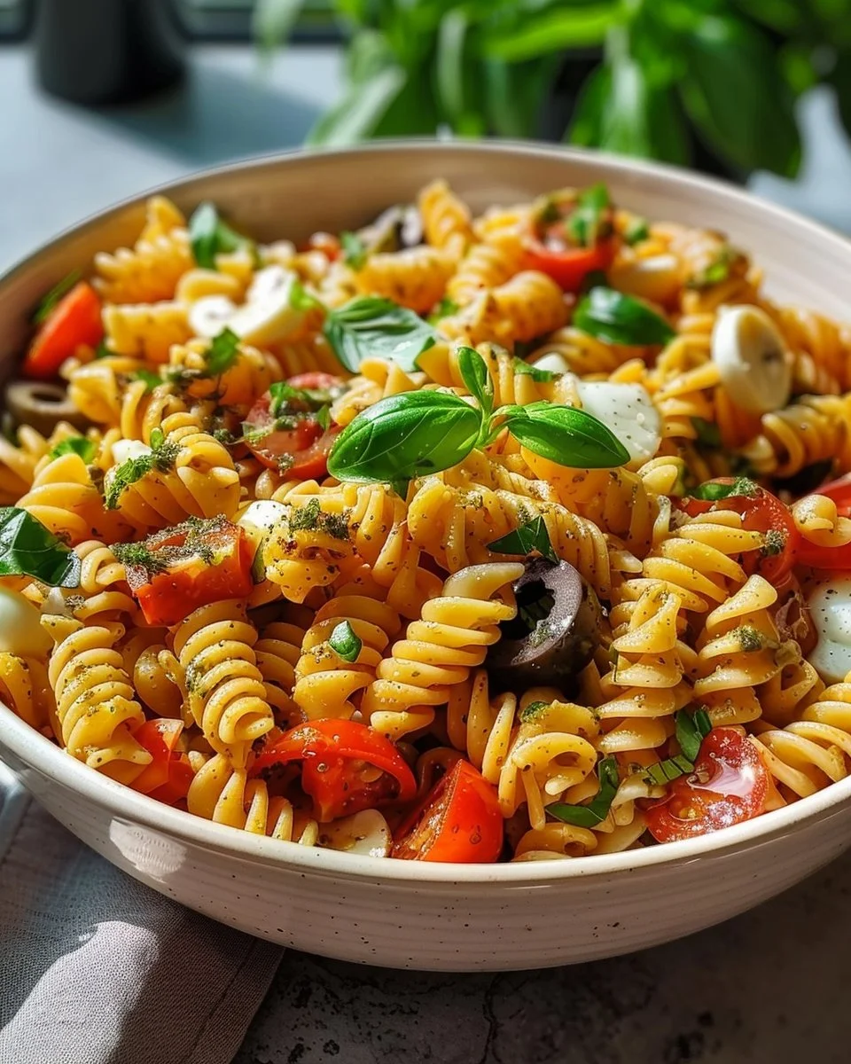 Bowl of easy pasta salad with colorful veggies and dressing