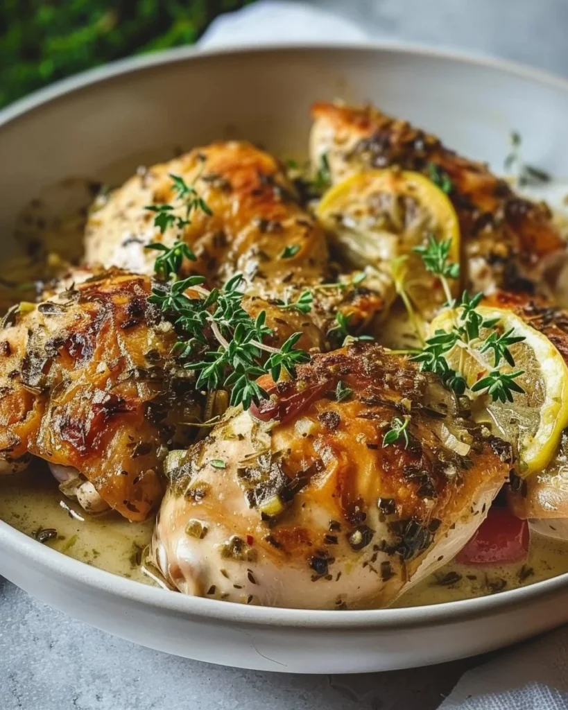 Delicious slow cooker Greek chicken garnished with herbs and lemon.