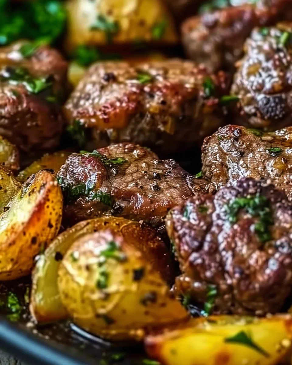 Delicious Garlic Butter Beef Bites served with tender baby potatoes