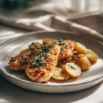Garlic Parmesan Chicken served with roasted potatoes on a plate