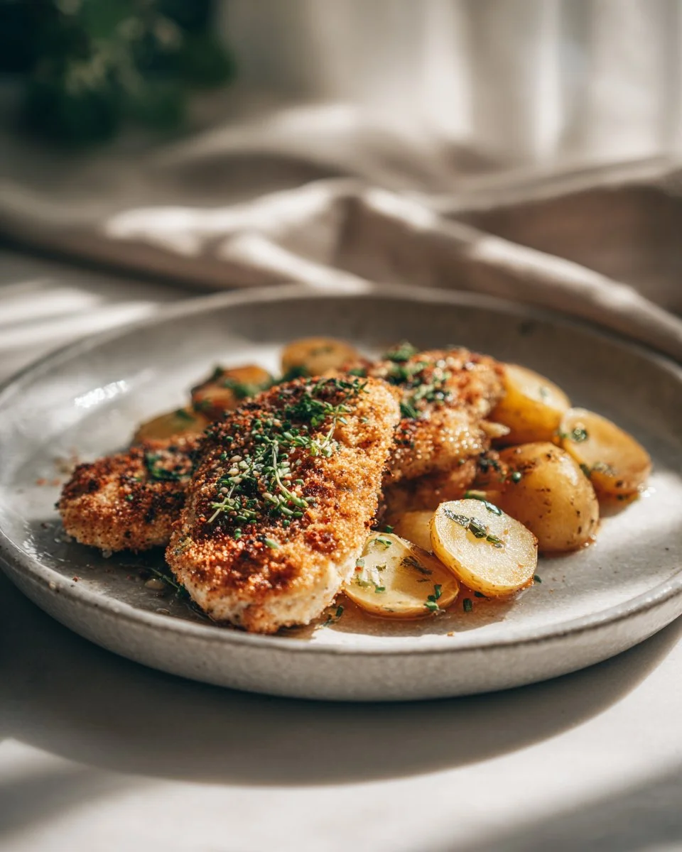 Garlic Parmesan Chicken served with roasted potatoes on a plate