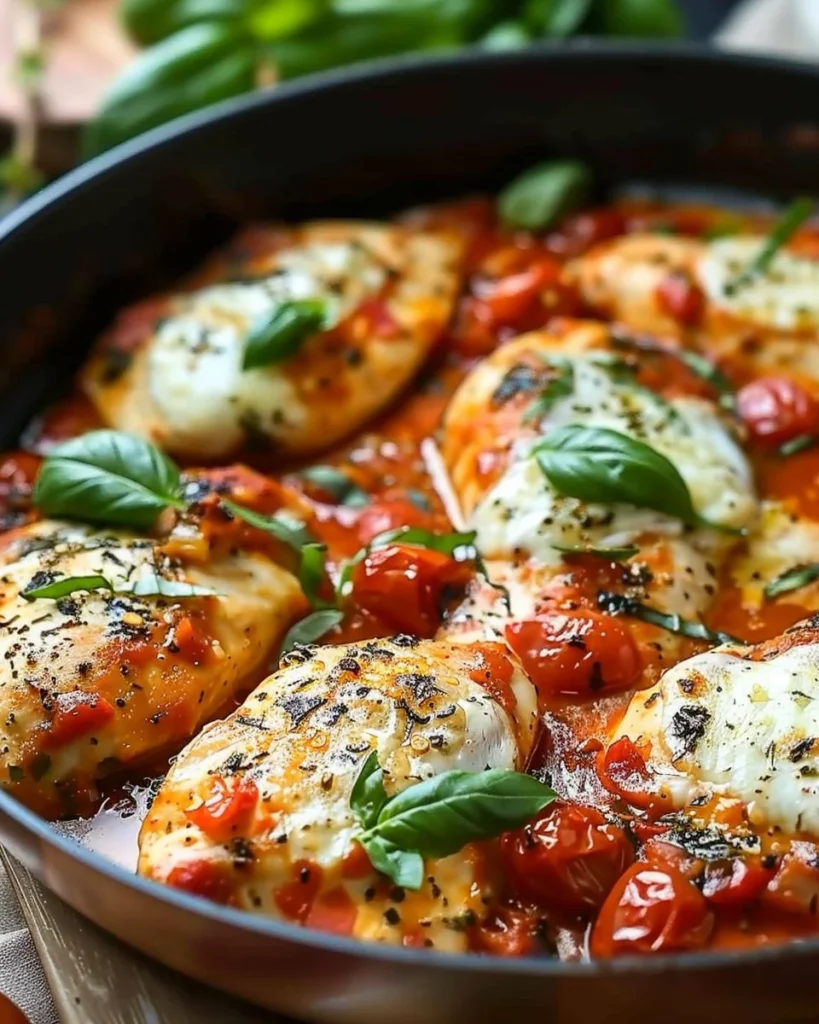 Garlic Tomato Chicken with Mozzarella served on a plate