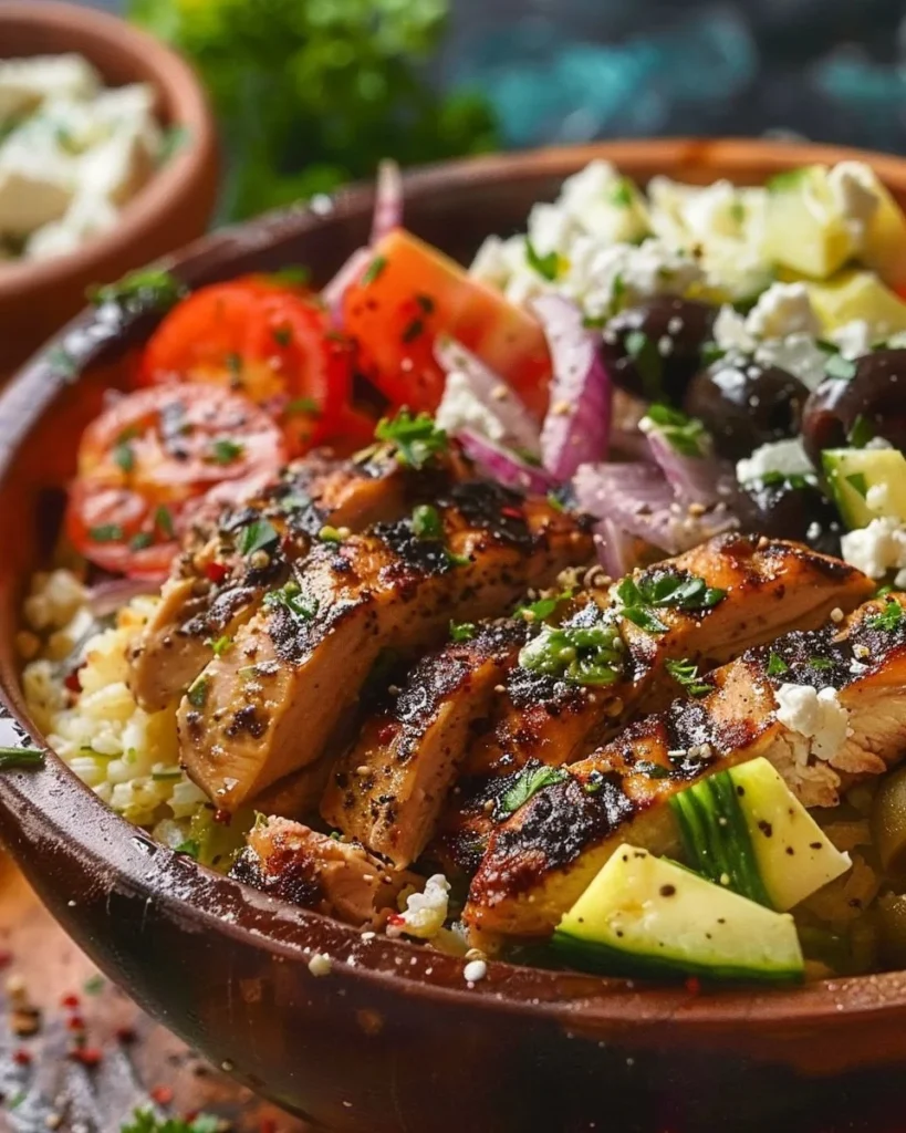 Delicious Greek Chicken Bowl with fresh vegetables and Mediterranean spices.