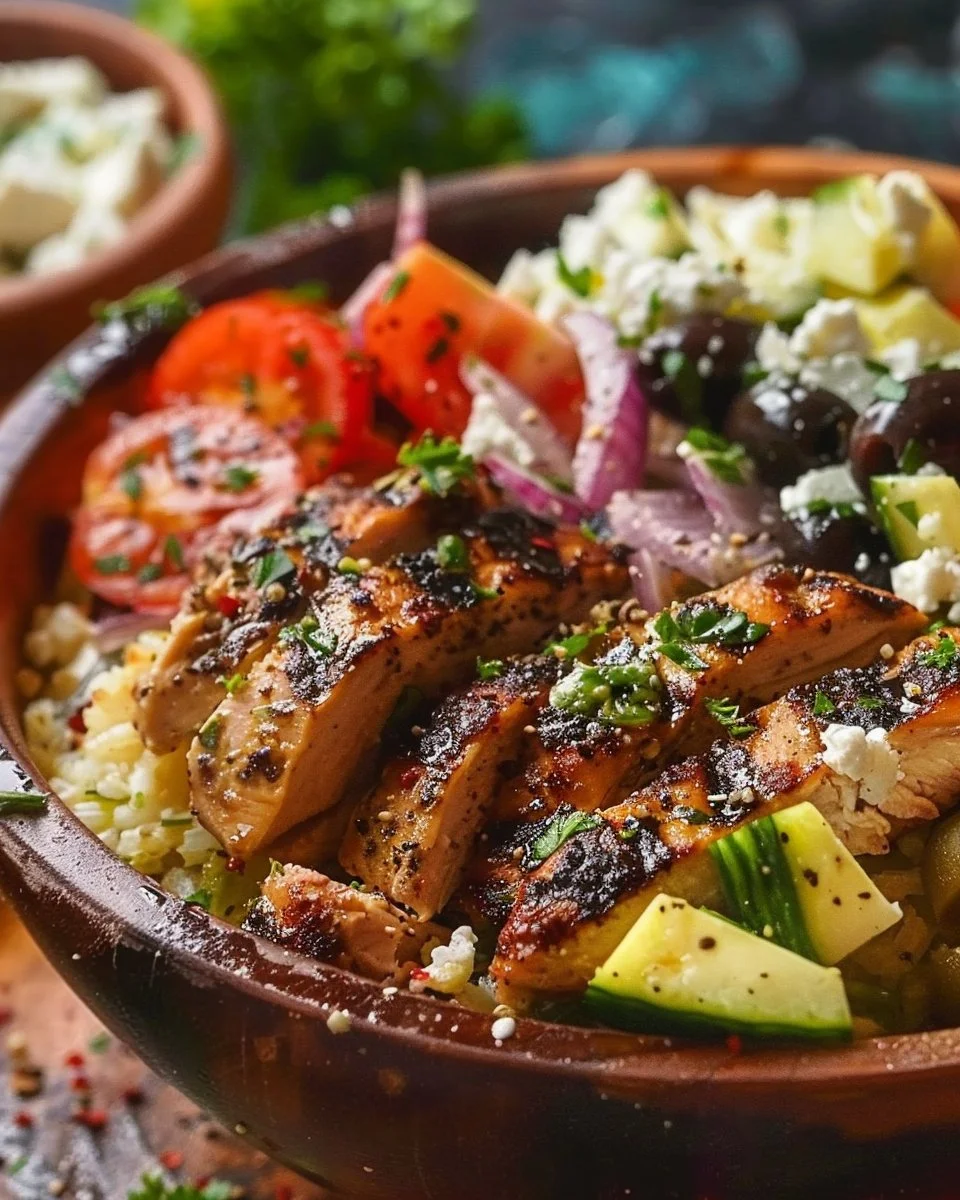 Delicious Greek Chicken Bowl with fresh vegetables and Mediterranean spices.