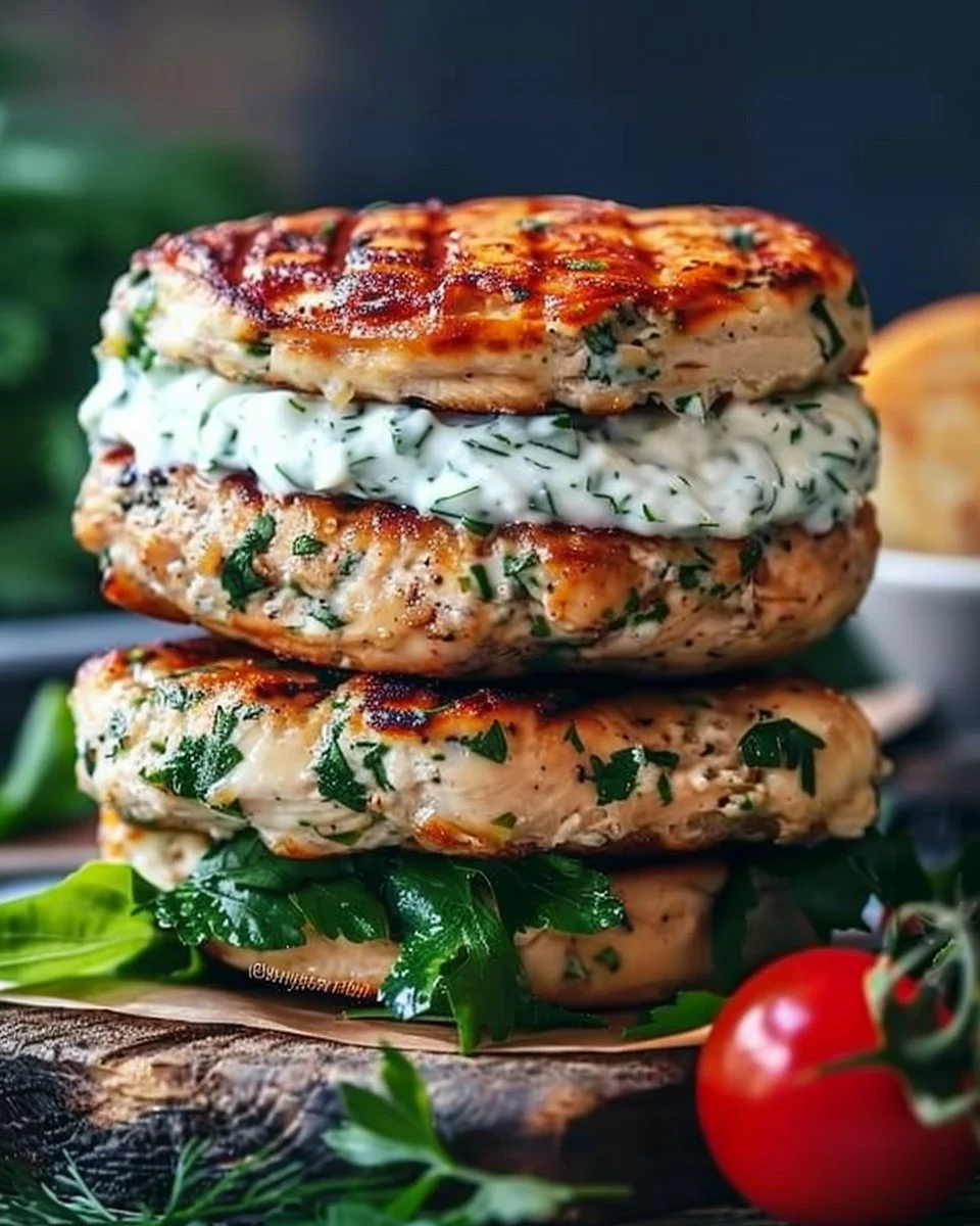 Grilled Greek chicken burger with tzatziki sauce and fresh vegetables