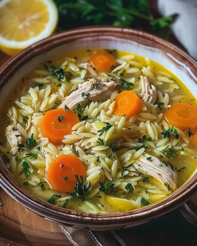 Bowl of Greek-inspired lemon chicken orzo soup topped with fresh herbs.