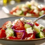 Colorful and fresh Greek Salad with tomatoes, cucumbers, feta, and olives.