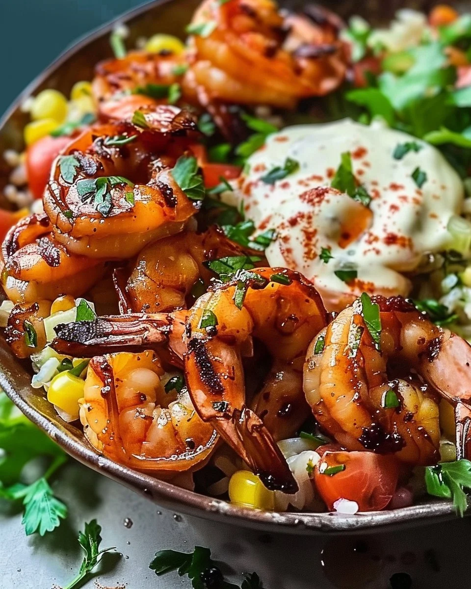 Delicious grilled shrimp bowl with vegetables and rice on a wooden table