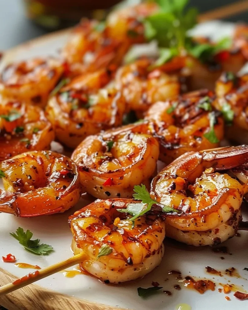 Delicious grilled sweet and spicy shrimp skewers on a barbecue grill.