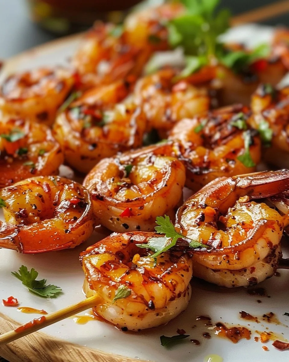 Grilled Sweet and Spicy Shrimp Skewers 1 Delicious grilled sweet and spicy shrimp skewers on a barbecue grill.