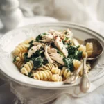 Healthy chicken and spinach pasta dish garnished with herbs