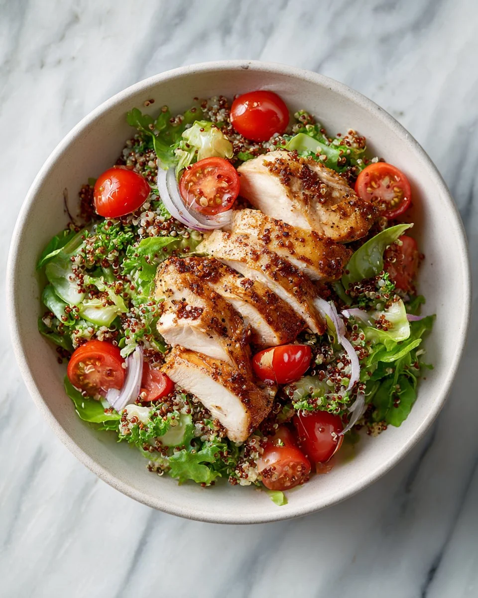 Healthy chicken quinoa salad with vegetables and dressing