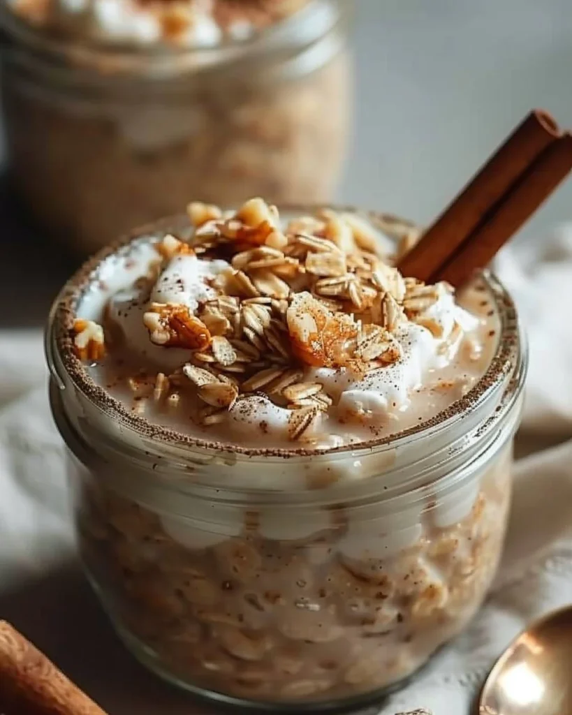 Healthy cinnamon roll overnight oats topped with cinnamon and nuts in a bowl