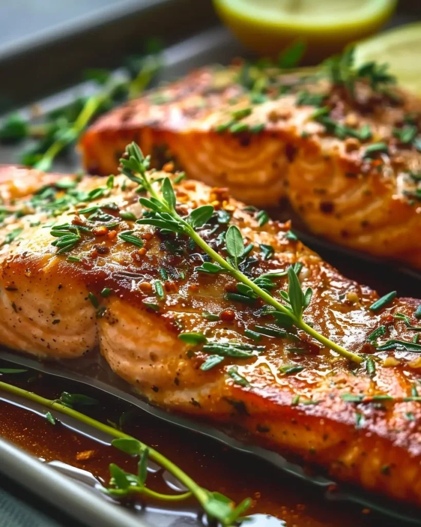 Healthy easy sheet pan salmon served with vegetables on a baking tray.