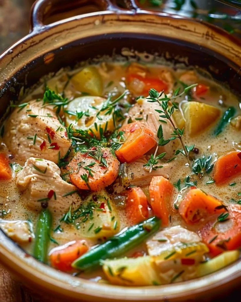 Hearty creamy chicken and vegetable stew in a bowl