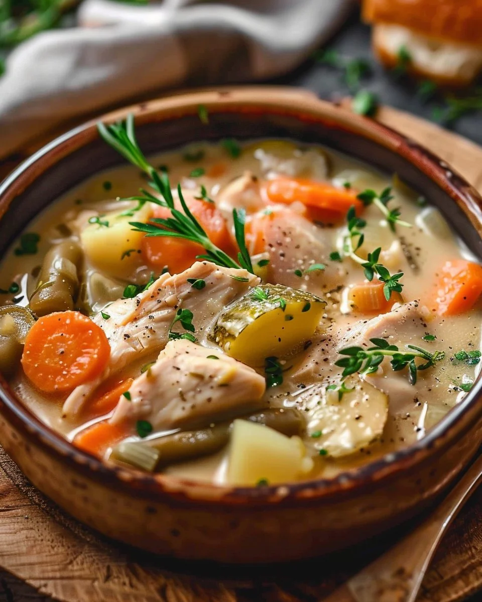 Hearty creamy chicken and vegetable stew served in a bowl