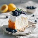 Heavenly moist blueberry lemon angel food cake with fresh blueberries and lemon zest
