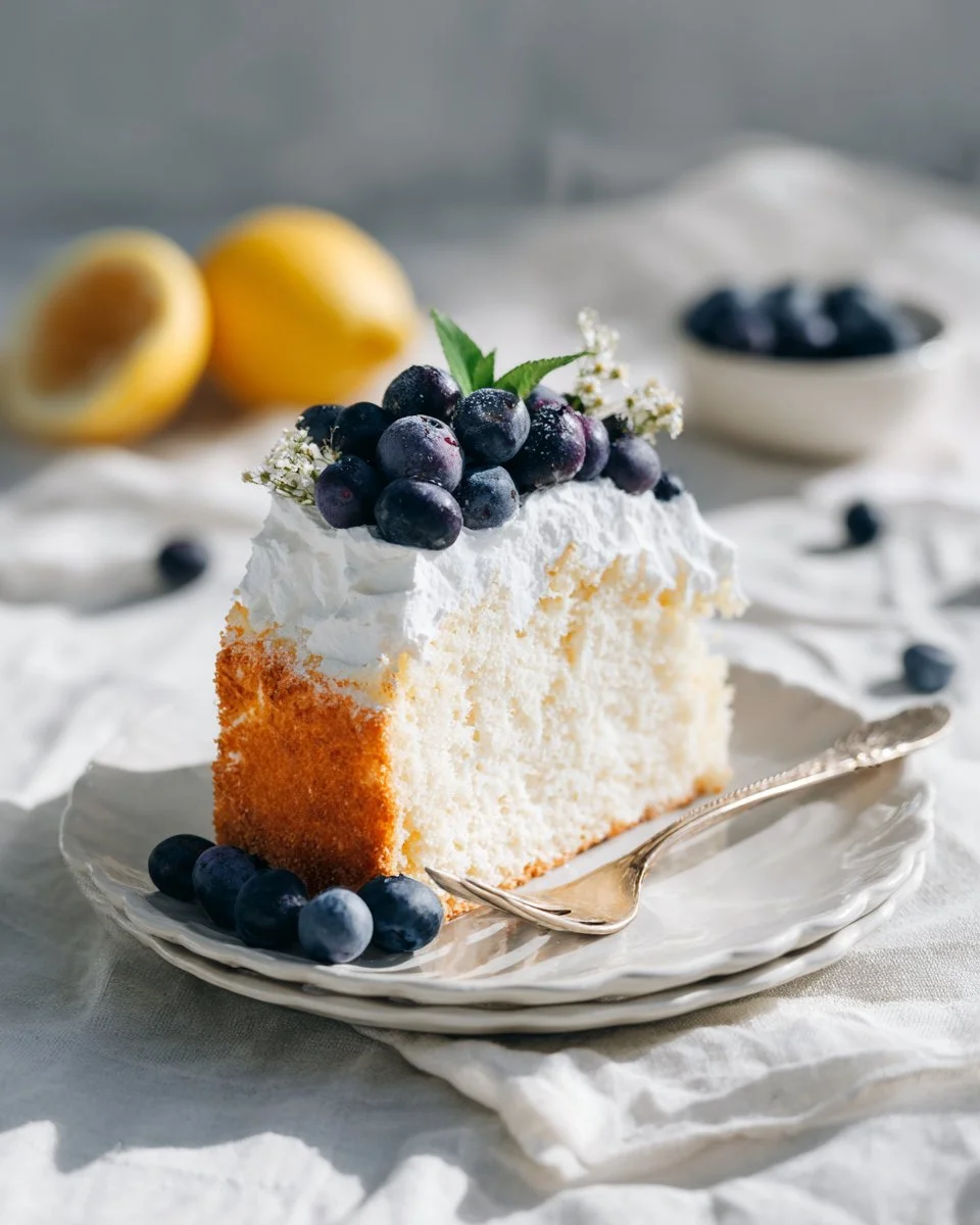 Heavenly Moist Blueberry Lemon Angel Food Cake 1 Heavenly moist blueberry lemon angel food cake with fresh blueberries and lemon zest