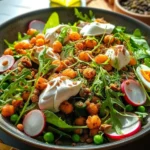 High protein spring salad with vegetables and healthy toppings