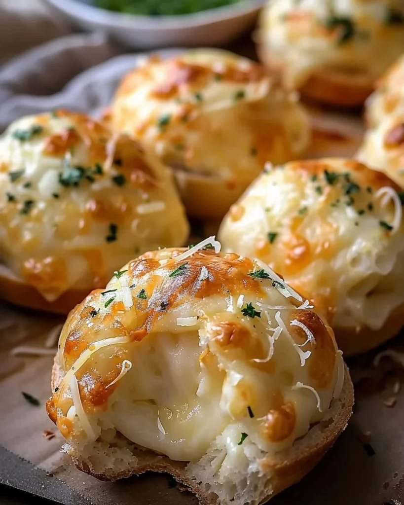 Homemade garlic butter cheese bombs with melted cheese and garlic butter glaze.