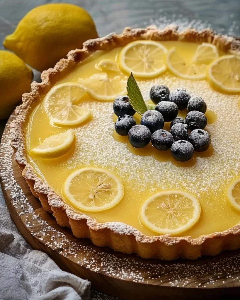 Delicious homemade lemon tart on a plate with fresh lemons and a sprig of mint