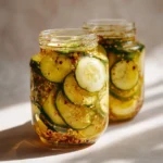 Jars of homemade mustard pickles on a kitchen countertop
