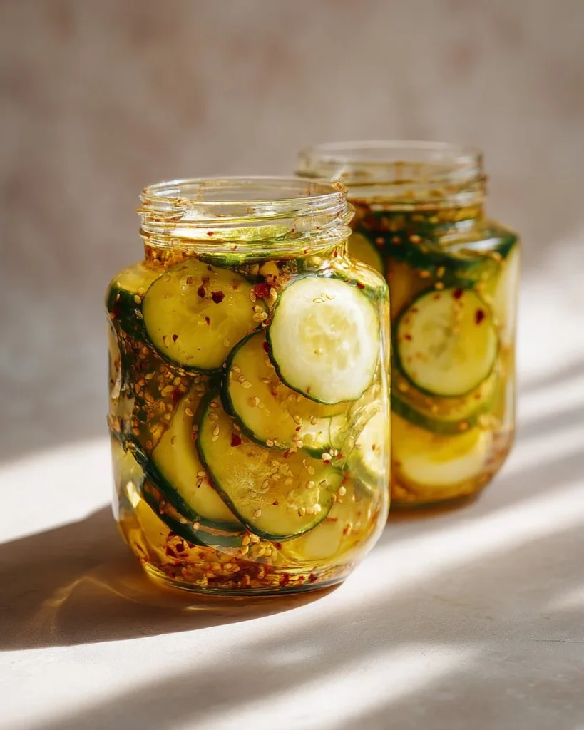 Jars of homemade mustard pickles on a kitchen countertop