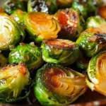 A delicious plate of honey garlic Brussels sprouts garnished for presentation.
