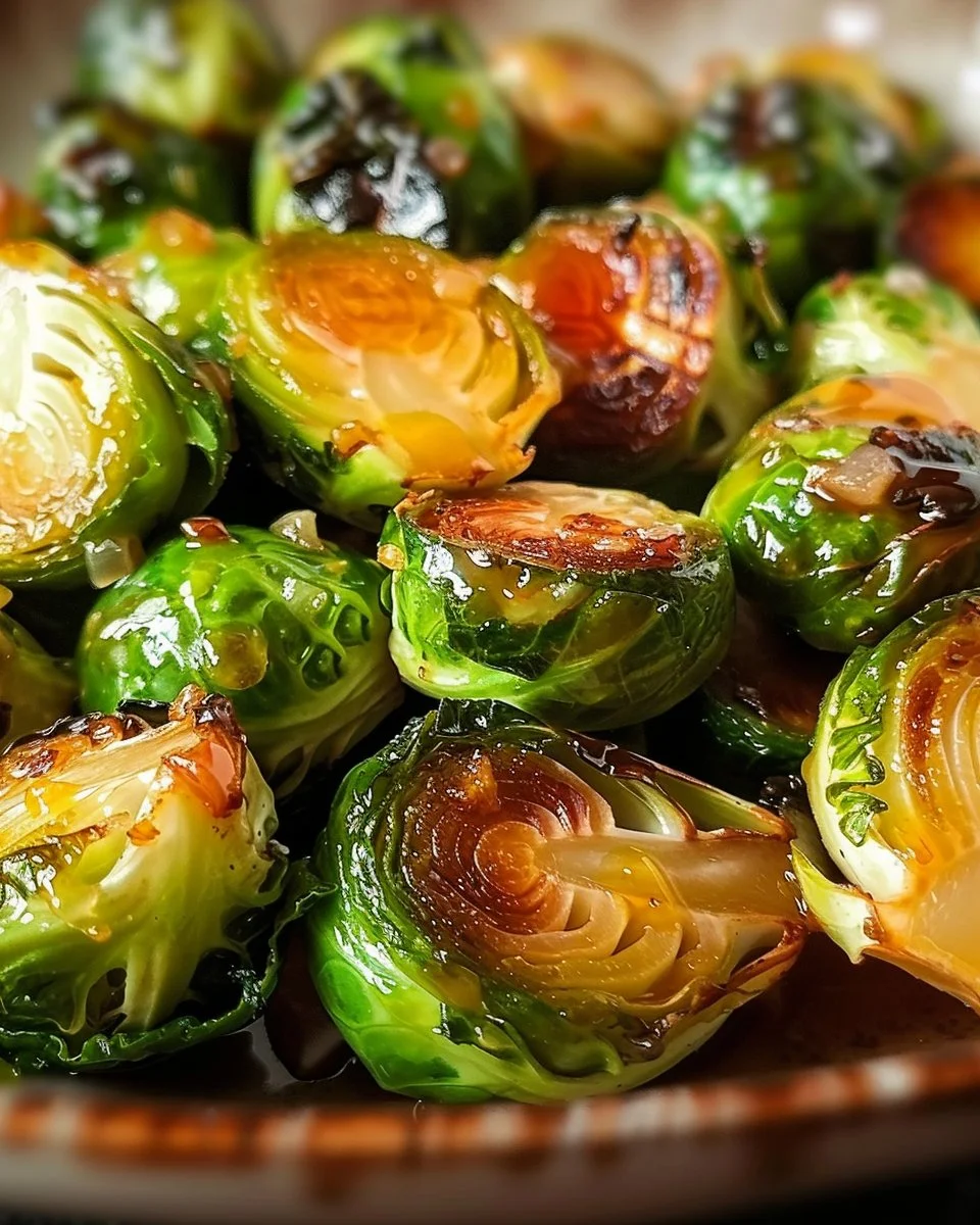 A delicious plate of honey garlic Brussels sprouts garnished for presentation.