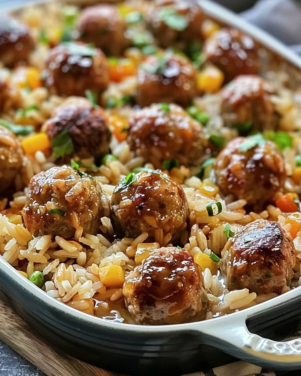 Honey Garlic Meatball Rice Bake