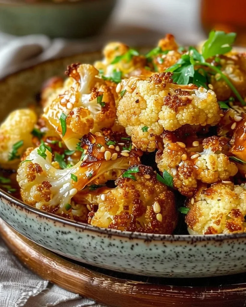Honey Garlic Roasted Cauliflower with a sweet glaze on a white plate
