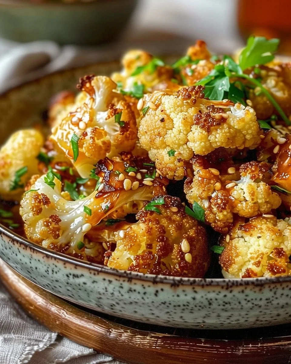 Honey Garlic Roasted Cauliflower with a sweet glaze on a white plate