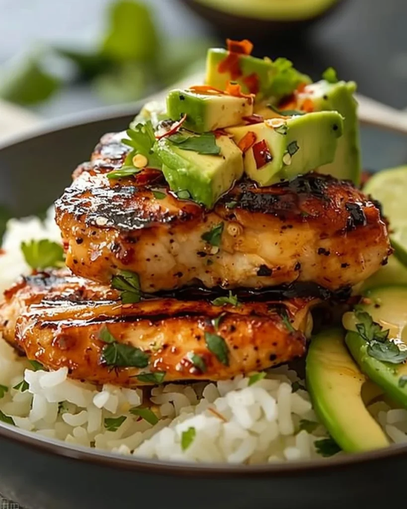 Honey Lime Chicken served with avocado rice in a vibrant dish.