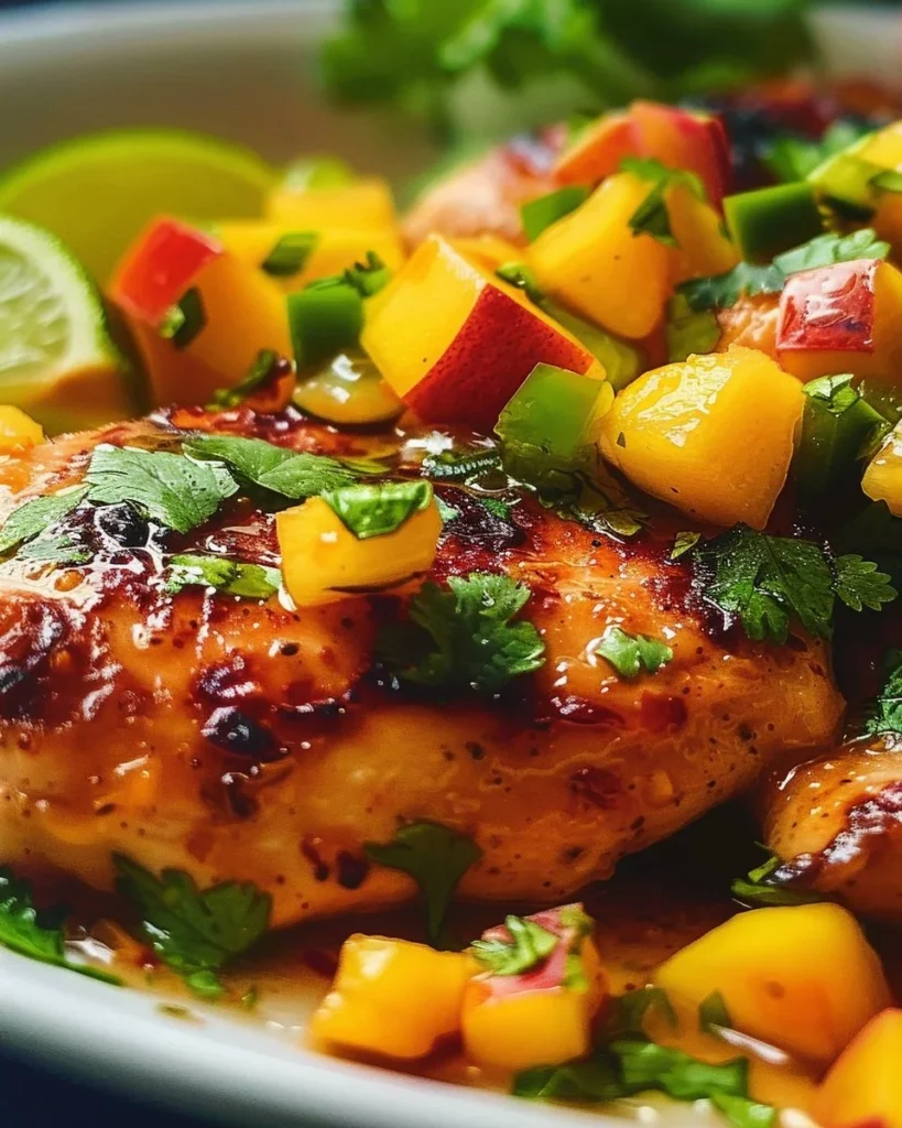 Honey Lime Chicken served with fresh Mango Salsa on a vibrant plate.