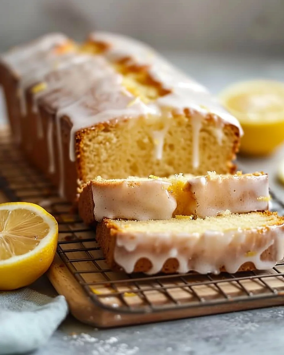 Iced lemon pound cake loaf with a zesty glaze on top