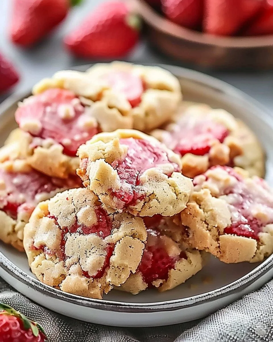 Delicious strawberry crunch cookies topped with strawberry crumbs