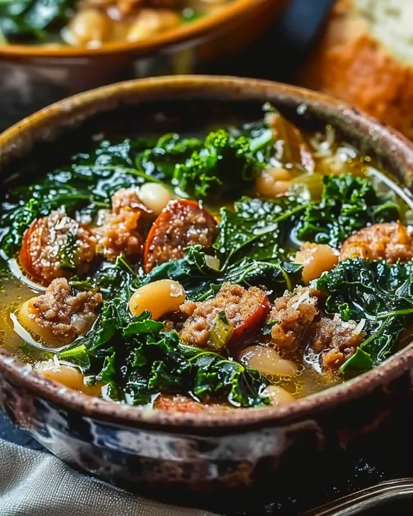Italian sausage soup with kale and white beans in a rustic bowl