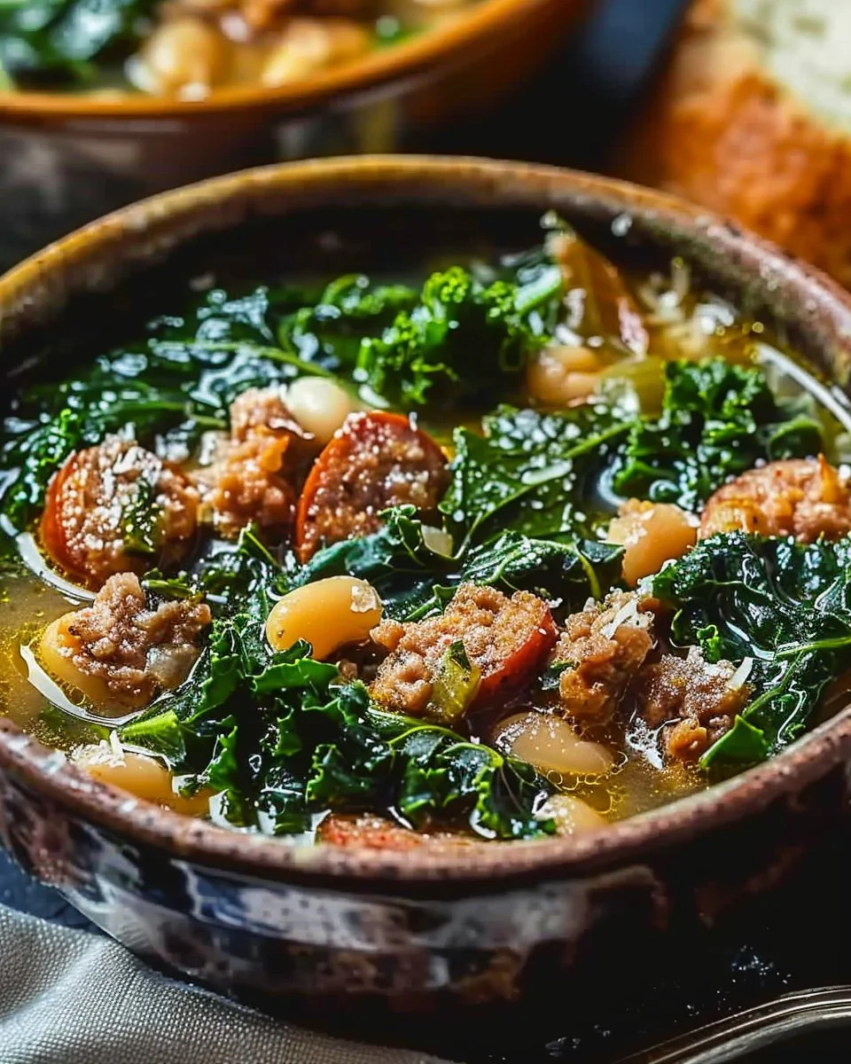 Italian sausage soup with kale and white beans in a rustic bowl