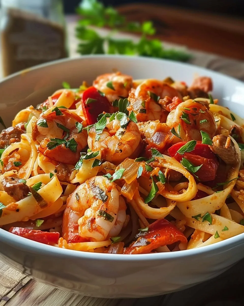 Jambalaya Pasta 1 Delicious Jambalaya Pasta with shrimp, sausage, and colorful vegetables.