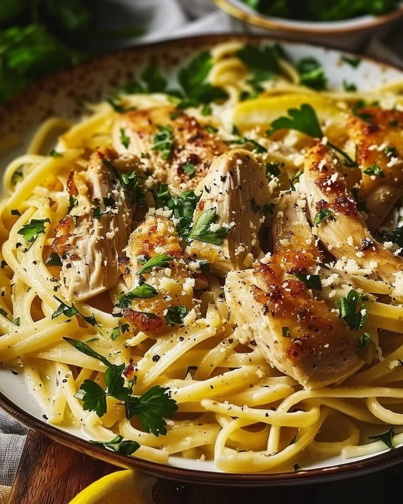 Delicious Lemon Chicken Pasta garnished with herbs and lemon slices on a plate.