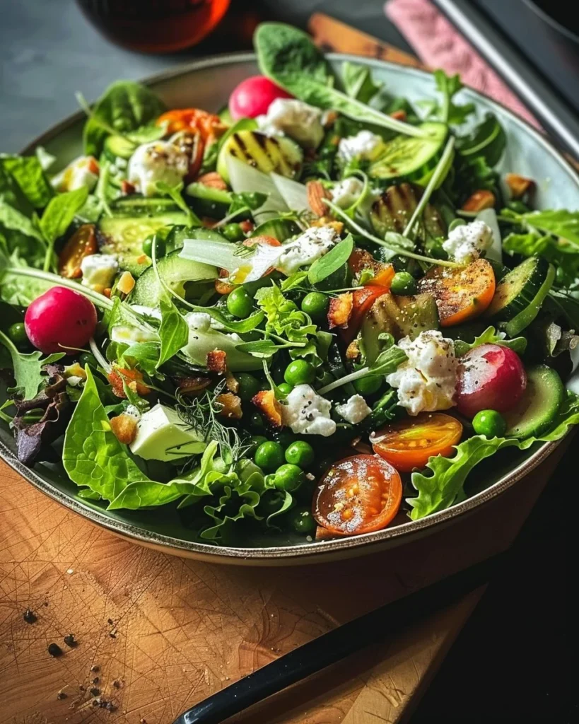 Bowl of light spring salad with fresh greens, vegetables, and vinaigrette dressing